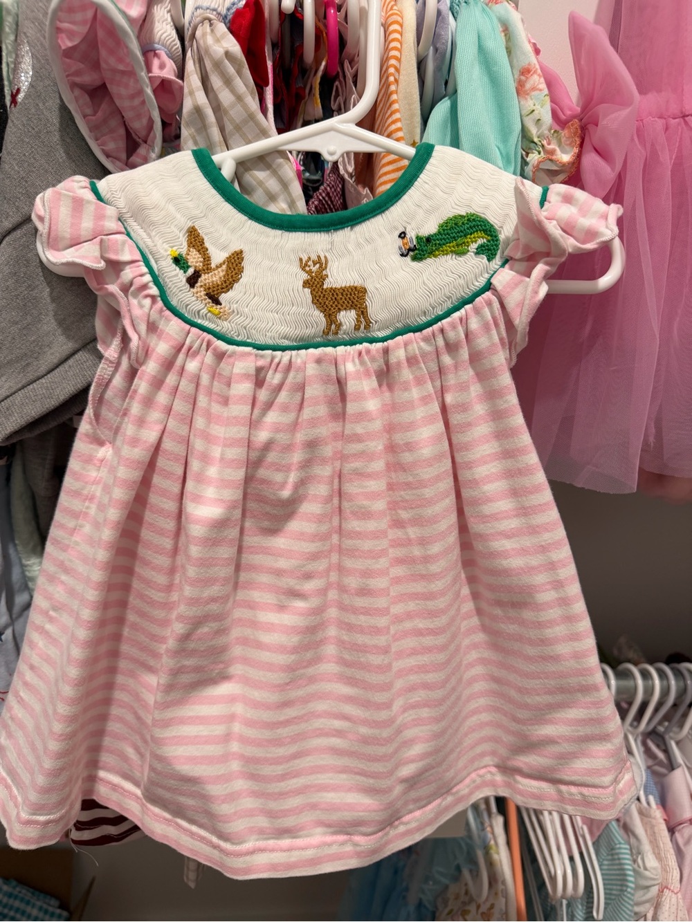Smocked Pink & White Striped Girls Dress Top with Animal Embroidery